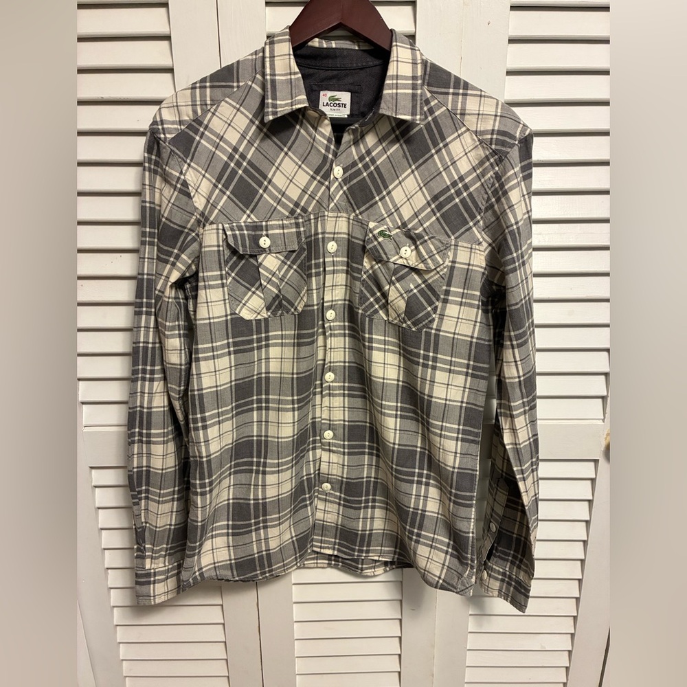 Lacoste Slim Fit Gray Plaid Casual Button Down Shirt